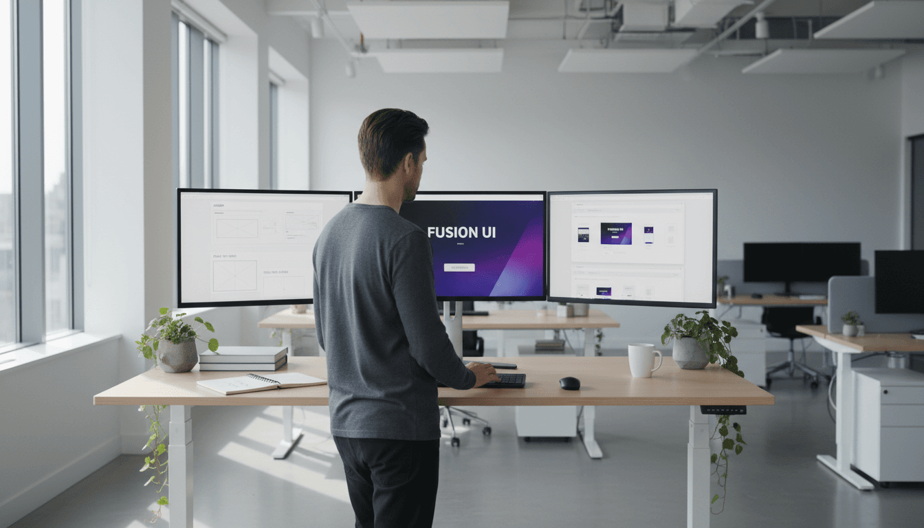 Professional web developer working at modern desk with computer monitors in bright office environment